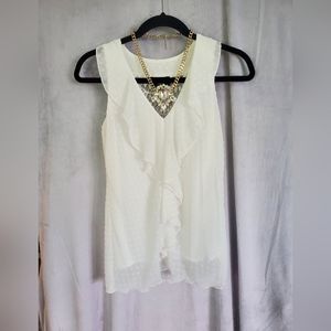 White Cascading Front Ruffled Sleeveless Blouse